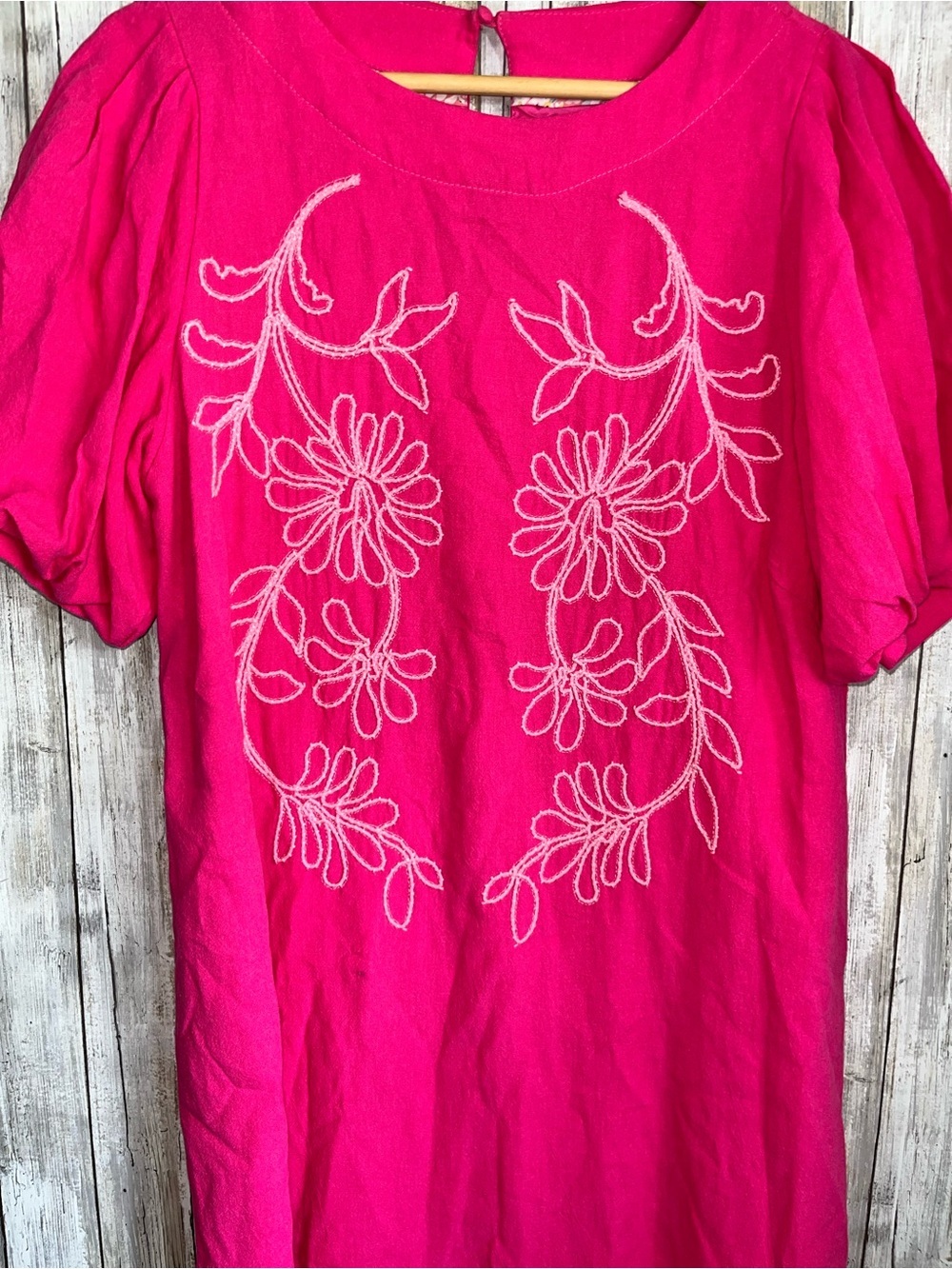 Umgee Pink Embroidered Dress S Puff Sleeve Floral Boho Cottagecore Mini Dress - Picture 3 of 5